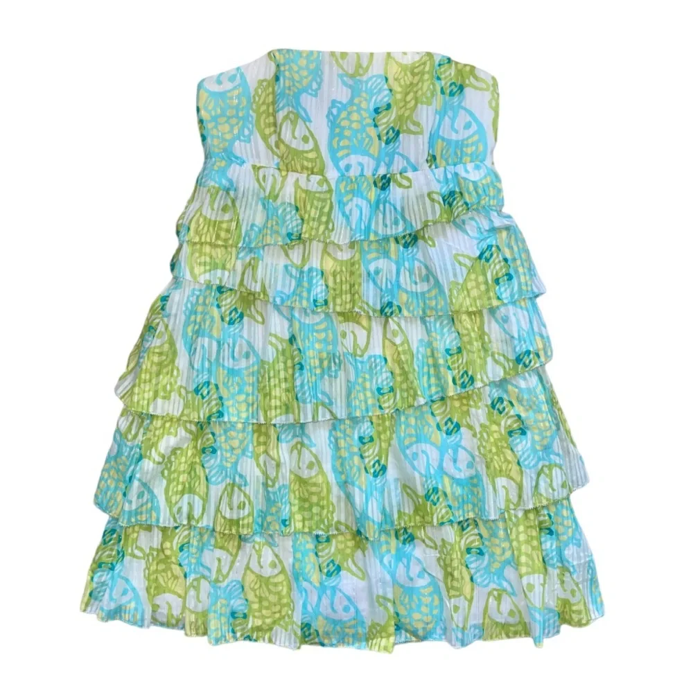Lilly Pulitzer Arden Dress Off the Hook Fish Print Strapless Ruffle - Picture 8 of 9